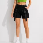 Women's short khaki cargo shorts with straps