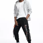 Black cargo pants with orange details