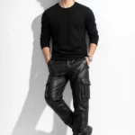 Black faux leather cargo pants