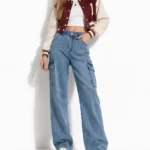 Faded high-waisted wide cargo jeans