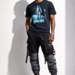 Men's gray/black cargo pants with straps