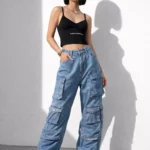 Women's washed multi-pocket cargo jeans