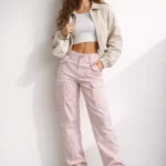 Women's pale pink high-waisted cargo pants