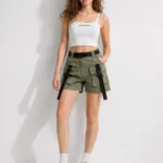 Women's short khaki cargo shorts with straps