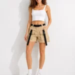 Women's short khaki cargo shorts with straps
